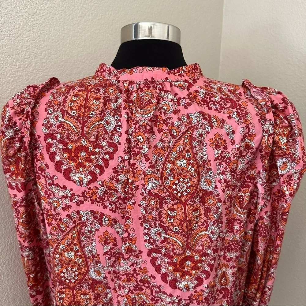 J. Crew Puff-sleeve paisley Ruffle neck Pink Red Boho Blouse Size XL